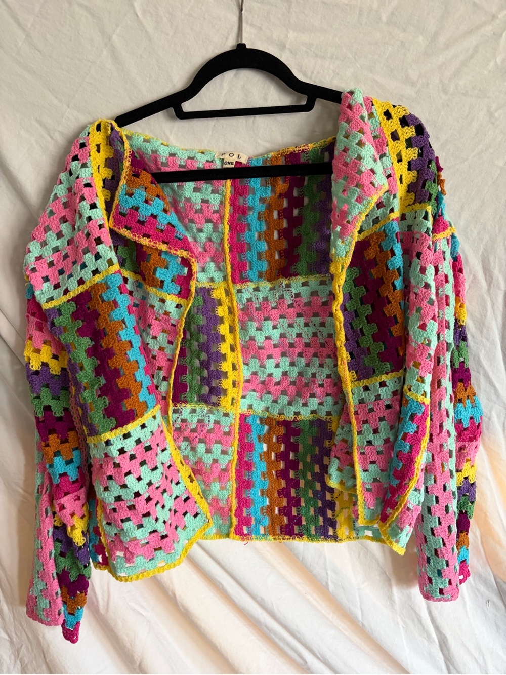 POL Bright Multicolor Crochet Patchwork Cardigan with Hood